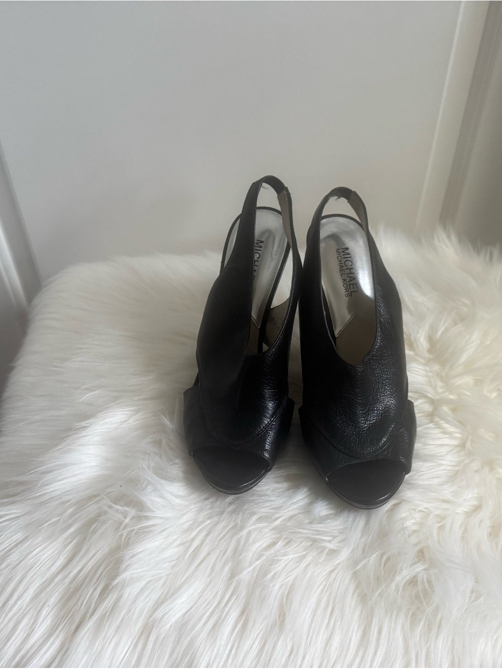 Michael Kors Black Leather Peep-Toe Slingback Heels with Draped Upper